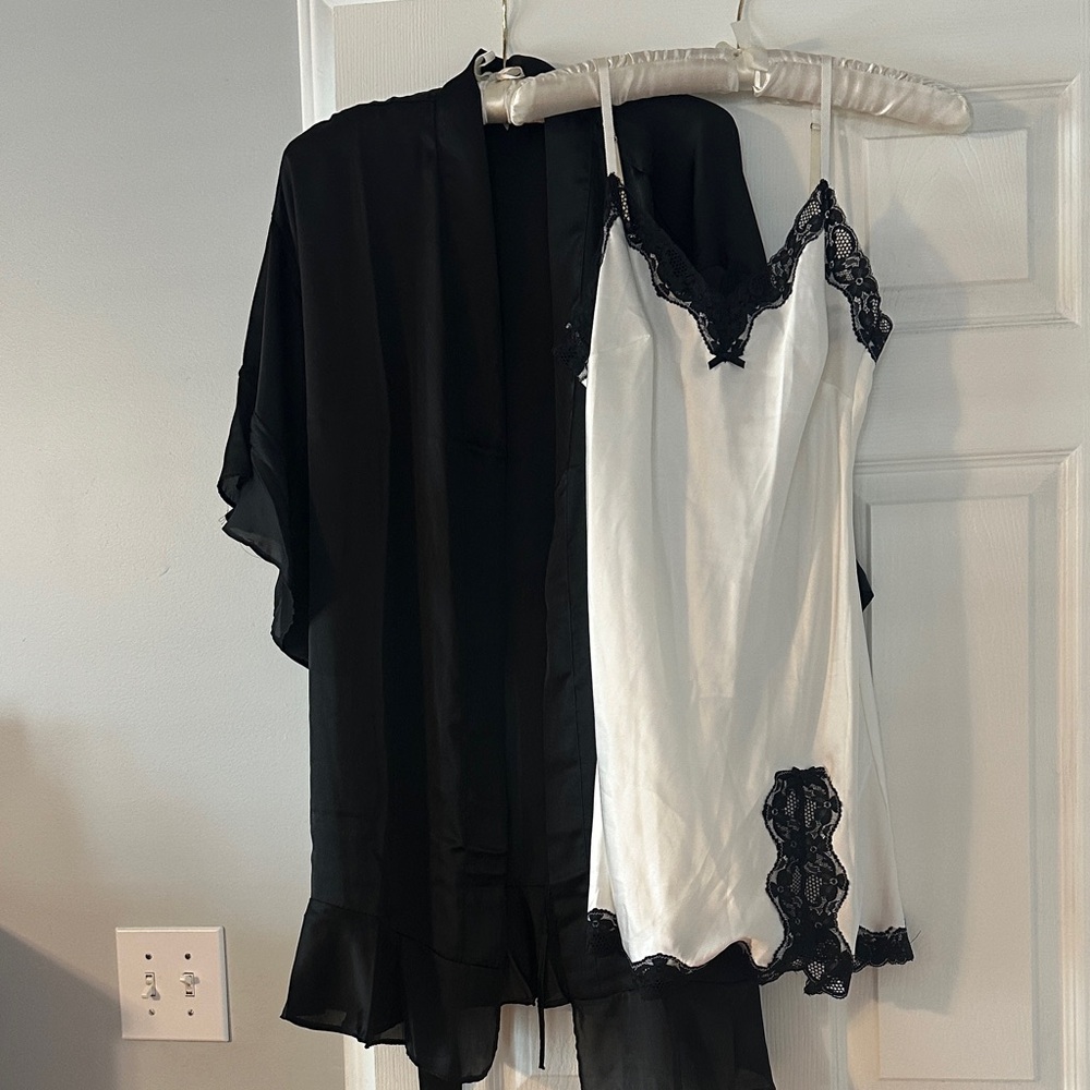 Victoria's Secret White Satin Slip w/Black Lace Trim with Tag, Matching Robe!